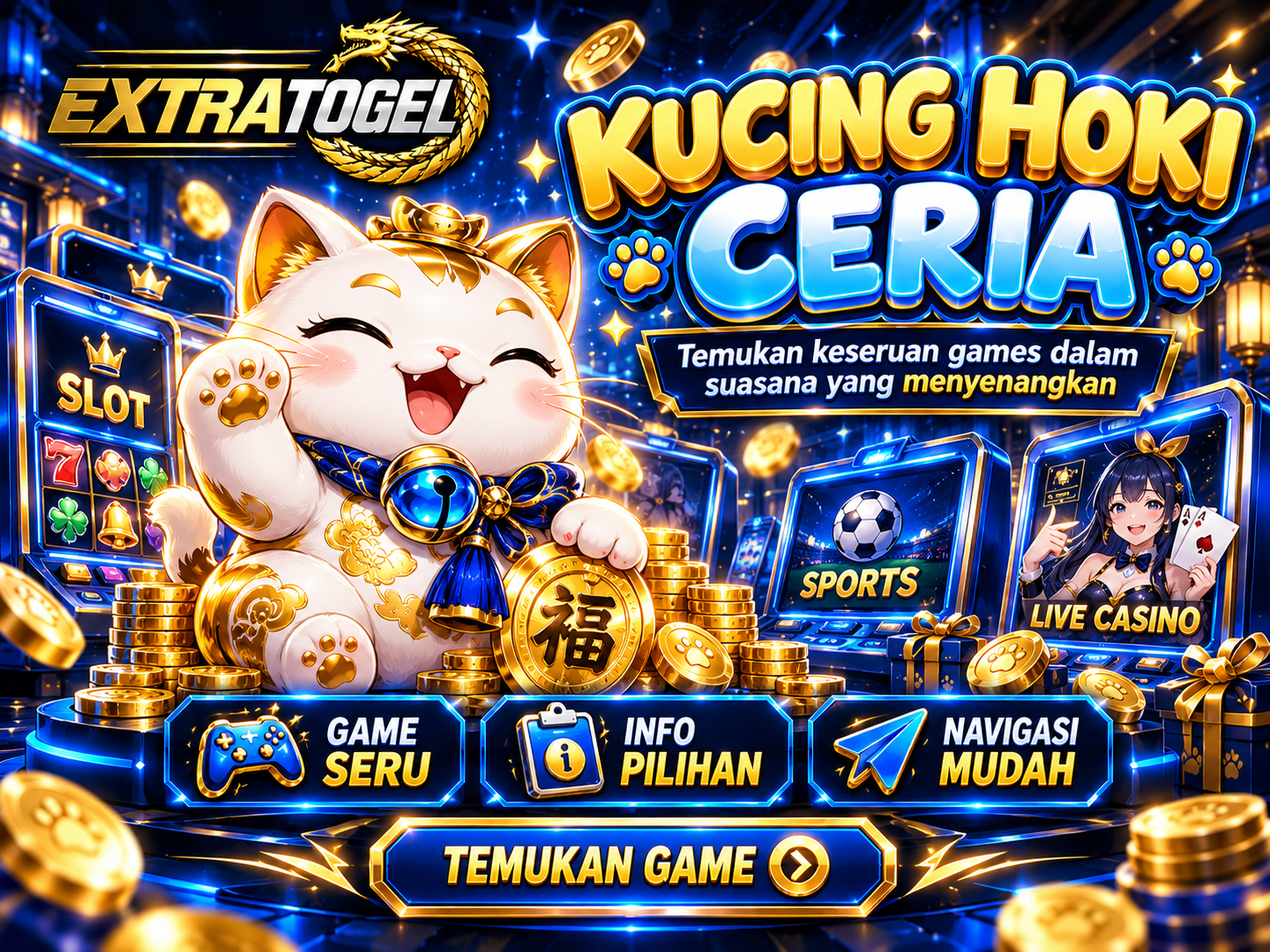 Banner EXTRATOGEL dengan maskot kucing hoki, lonceng biru, dan kios game mini emas